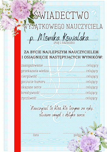 Dzień Edukacji - Świadectwo Dla Nauczyciela - z możliwością edycji