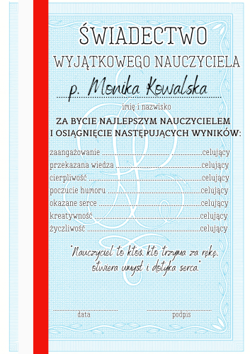 Dzień Edukacji - Świadectwo Dla Nauczyciela - z możliwością edycji 