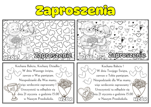 Zaproszenia (BIAŁO-CZARNE)  Z Możliwością Edycji Tekstu - Dzień Babci i Dziadka  