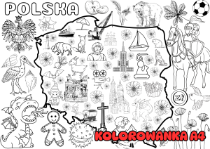 Mapa Polski - Kolorowanka A4 (wzór 1) - Dzień Niepodległości / Święto Konstytucji 3 Maja / Polska  