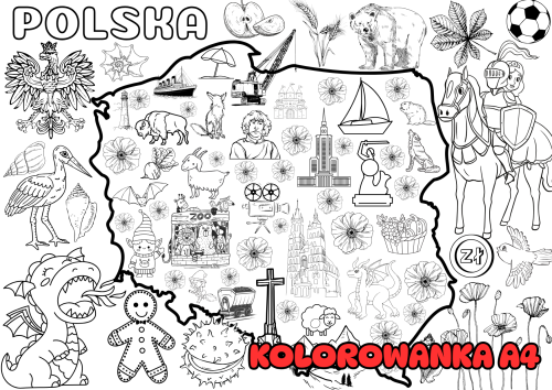 Mapa Polski - Kolorowanka A4 (wzór 1) - Dzień Niepodległości / Święto Konstytucji 3 Maja / Polska  