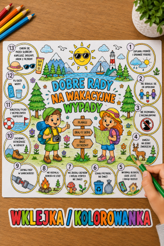 Dobre Rady Na Wakacyjne Wypady - Prostokątna Wklejka / Kolorowanka - Lato / Bezpieczne Wakacje 