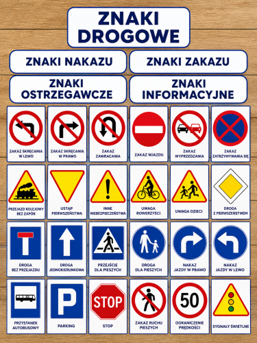 Znaki Drogowe - Plansze z ilustracjami i napisami  