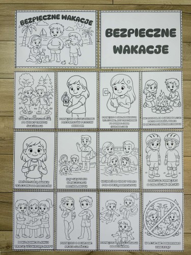 Lato - Bezpieczne Wakacje - Plansze z ilustracjami i napisami - wersja czarno-biała 