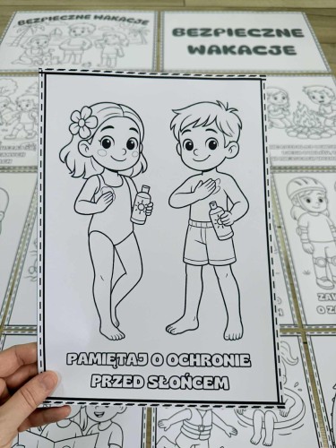 Lato - Bezpieczne Wakacje - Plansze z ilustracjami i napisami - wersja czarno-biała  